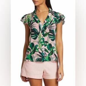 ALIVE + OLIVIA 100% Silk Randa Tropical Ruffle-Sleeve Button Blouse Size XS